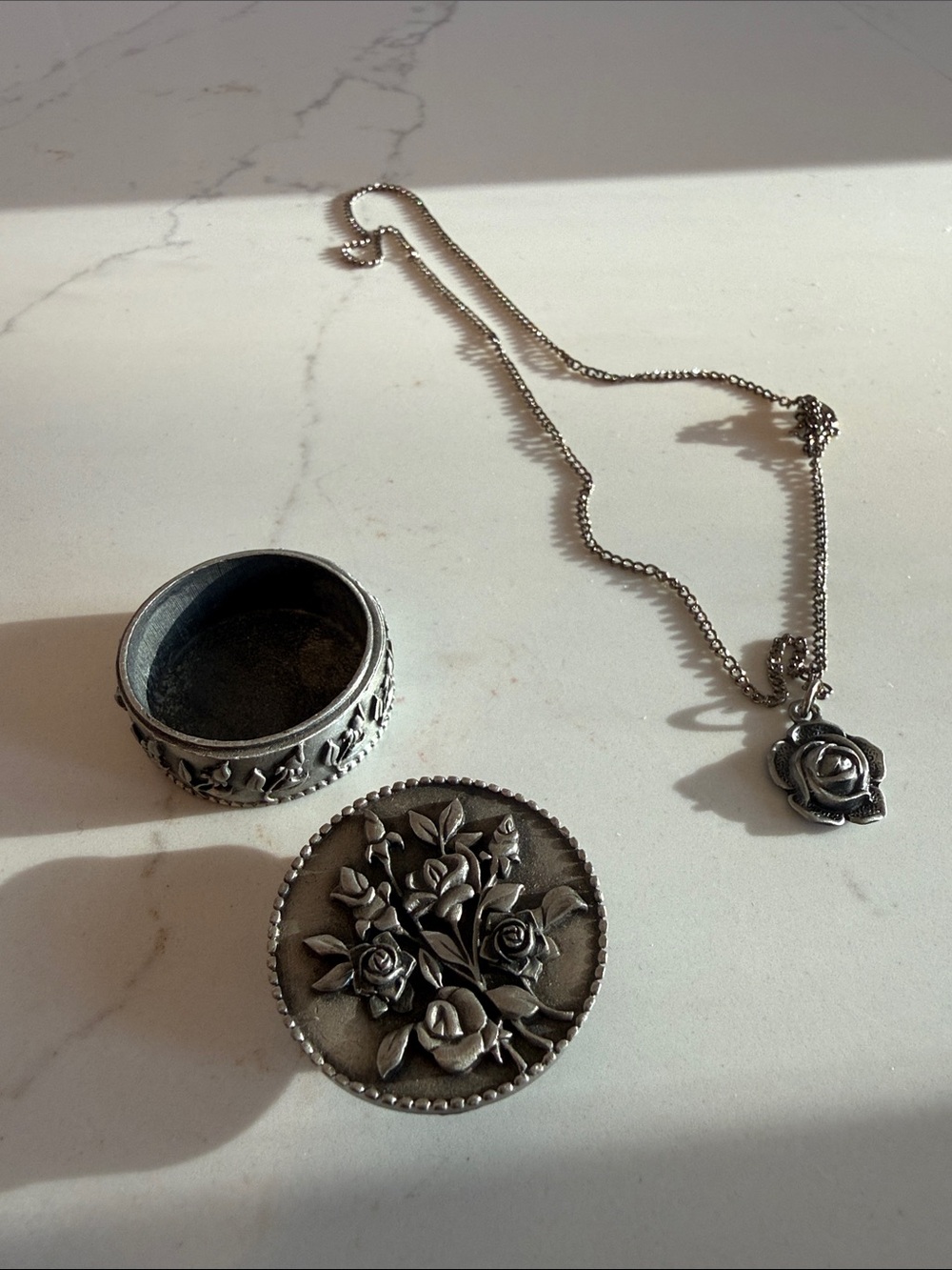 Vintage-Style Silver Rose Pendant Necklace, earrings and Trinket Box Set